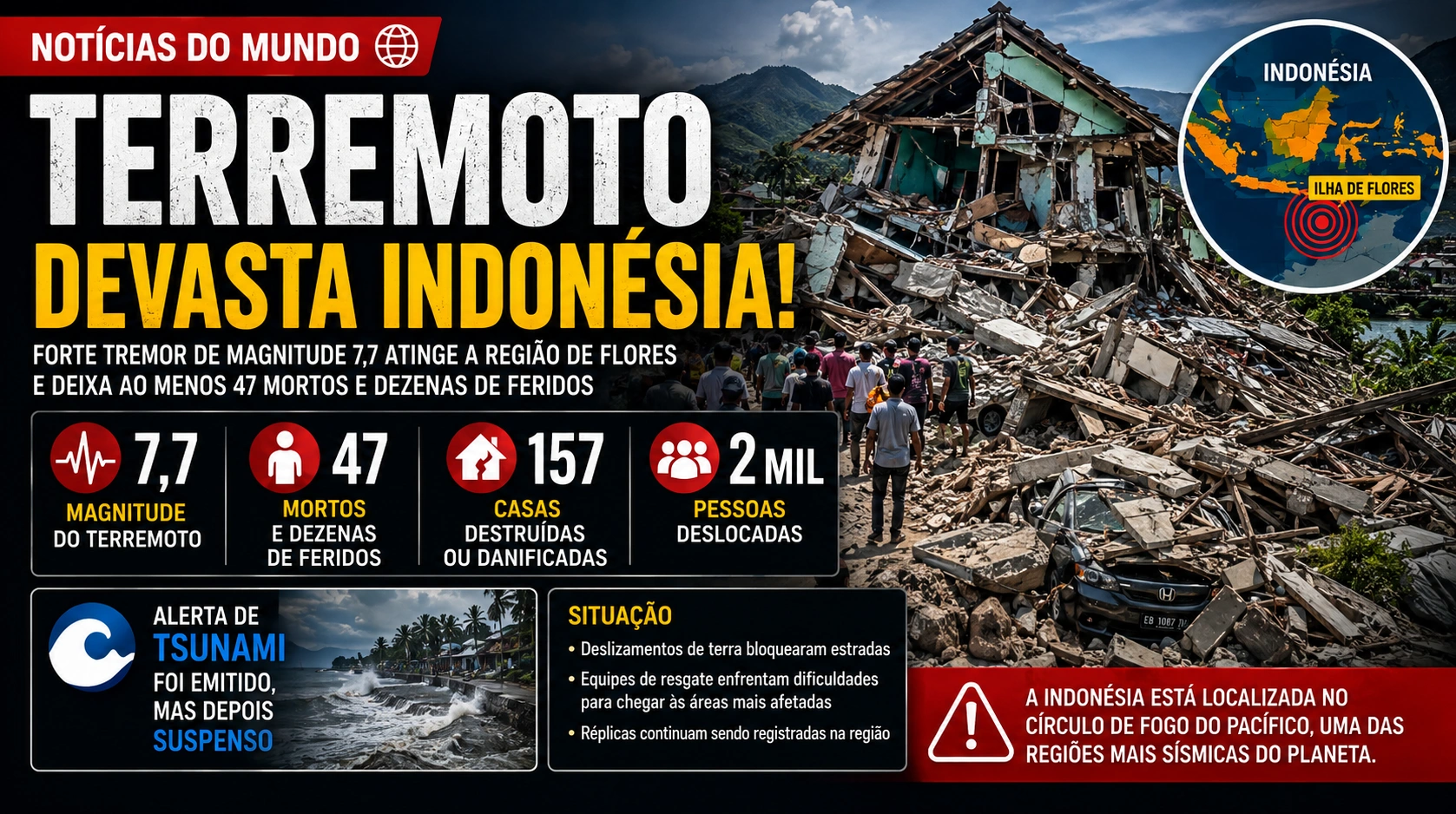 Terremoto de magnitude 7,7 deixa dezenas de mortos e provoca destruição na Indonésia