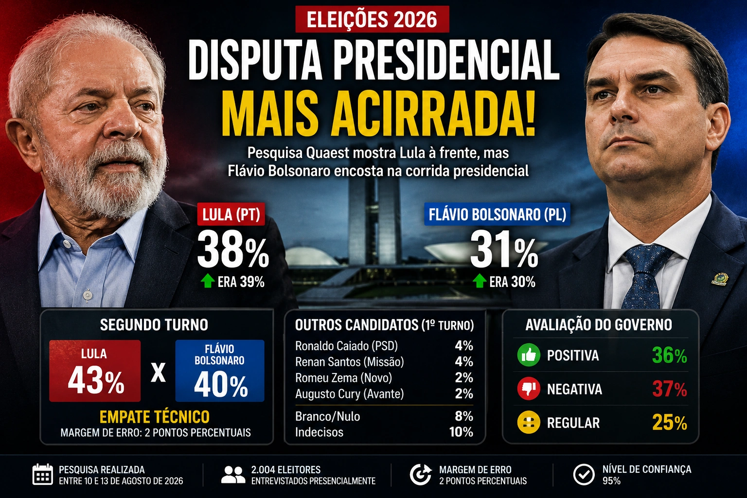 Pesquisa mostra disputa mais apertada entre Lula e Flávio Bolsonaro na corrida presidencial